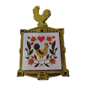 Vtg Yellow Cast Iron Rooster Trivet Ceramic Tile Hot Plate Made Japan Farm Core
